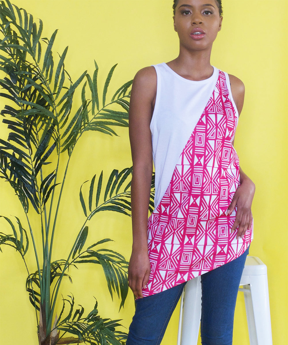 Akachi Asymmetric Tank | Ankara Inspired Print,Color Blocked Tank Top